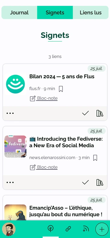 L’onglet Lecture de Flus sur mobile. Trois liens sont affichés en colonne.