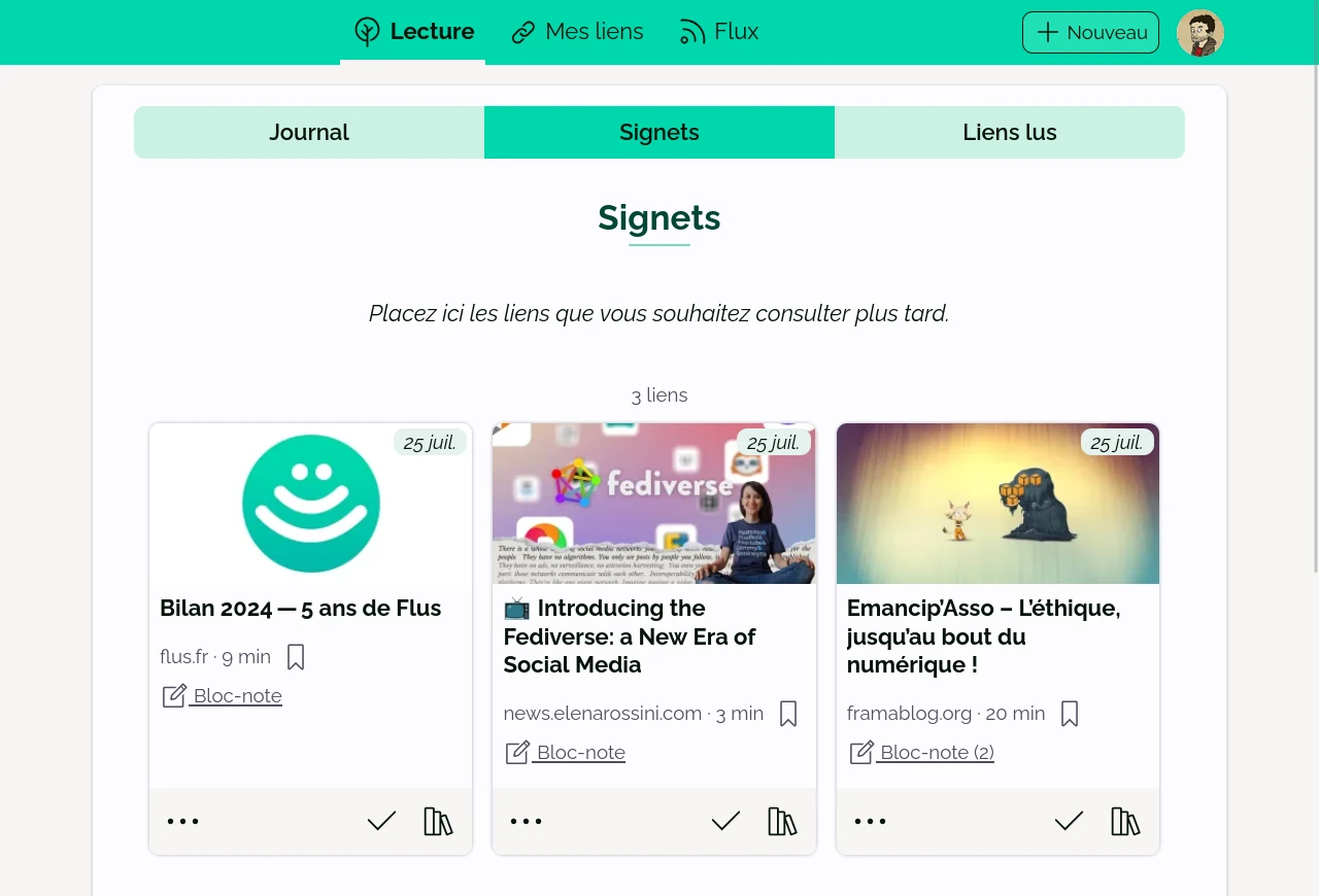 L’écran Lecture de Flus affiche trois onglets : Journal, Signets et Liens lus.