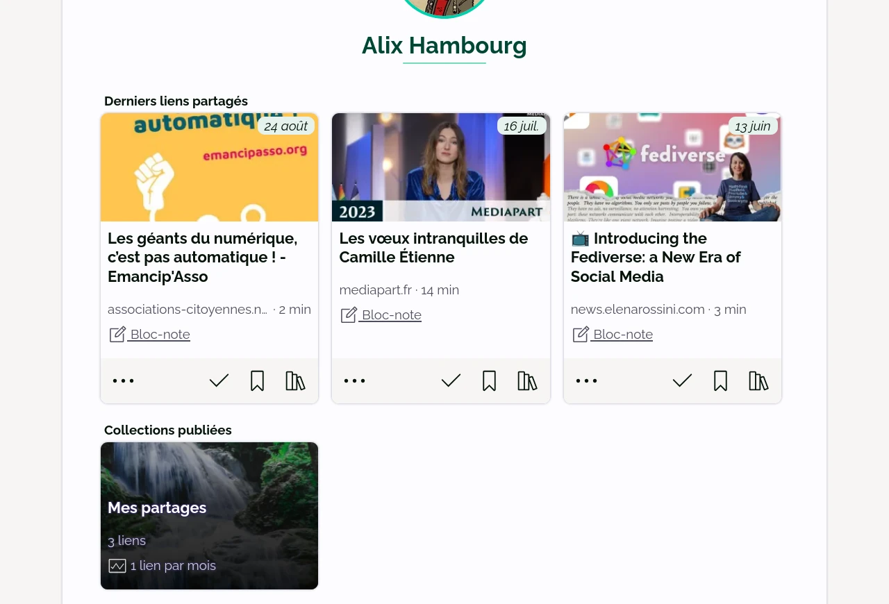 Un profil dans Flus affiche trois liens partagés et une collection publiée.