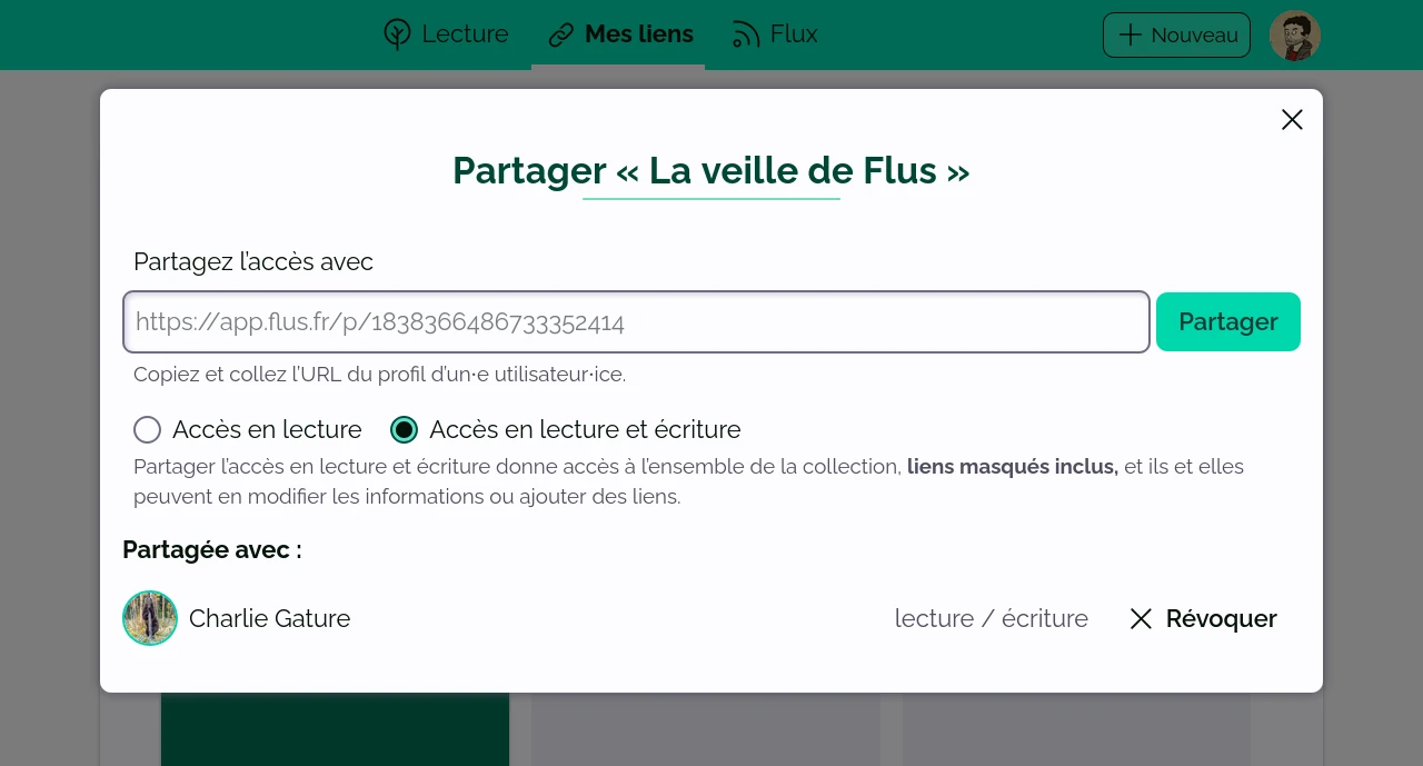 Une fenêtre pour partager l’accès d’une collection avec une utilisateurice de Flus.